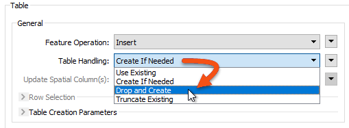 Database writer feature type Table Handling parameter.